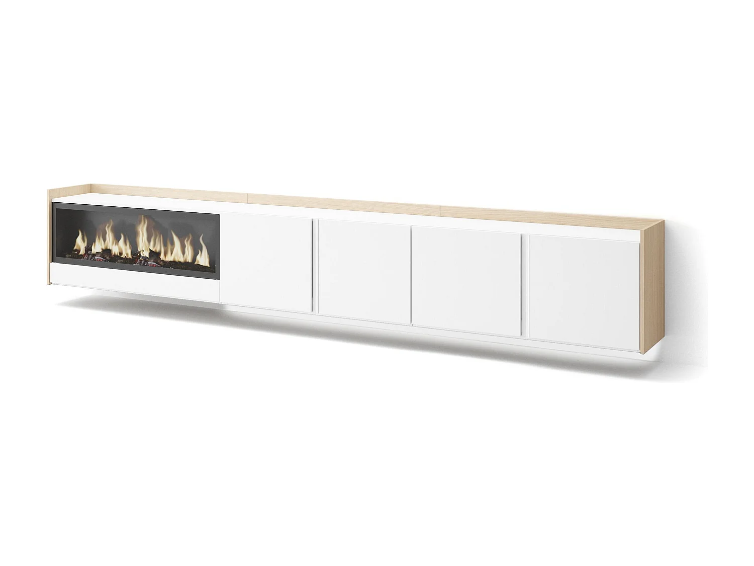TV-Schrank, Lowboard, 315x50x35 cm, Für TV-Geräte bis zu 80", Elektrokamin XXL, Hängend, LED, Weiß und Eiche Soft