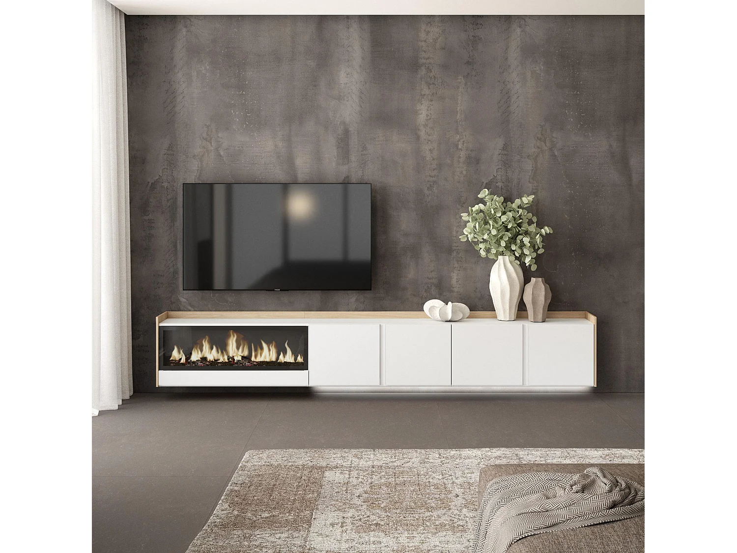 TV-Schrank, Lowboard, 315x50x35 cm, Für TV-Geräte bis zu 80", Elektrokamin XXL, Hängend, LED, Weiß und Eiche Soft