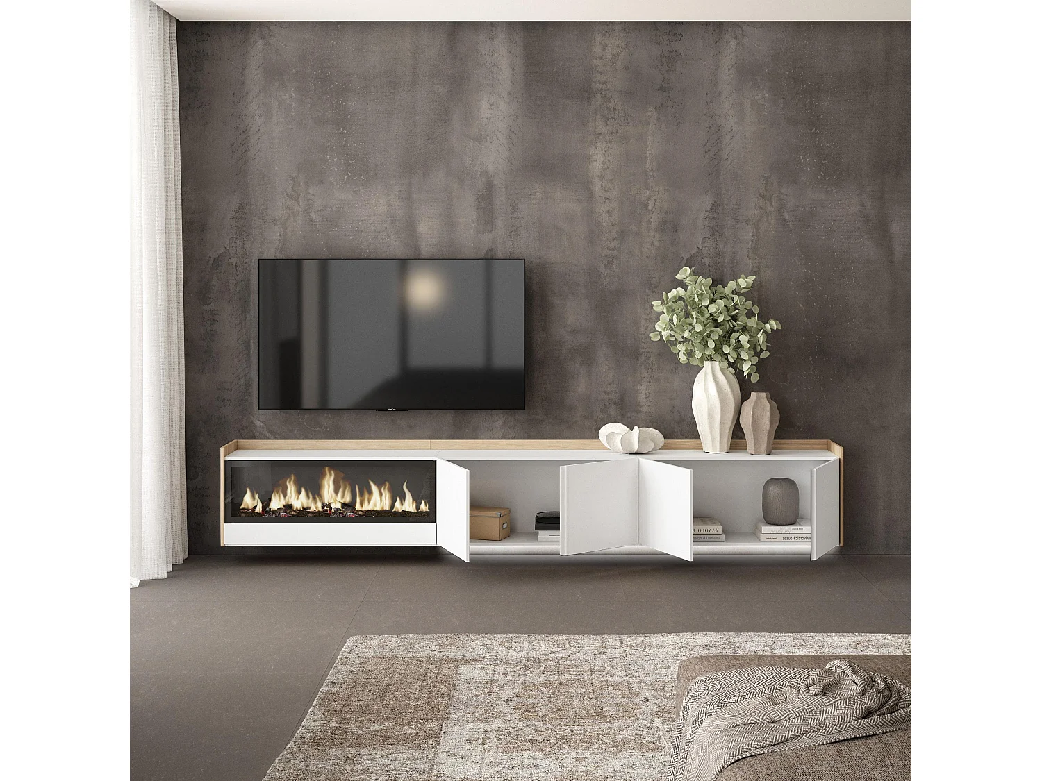 TV-Schrank, Lowboard, 315x50x35 cm, Für TV-Geräte bis zu 80", Elektrokamin XXL, Hängend, LED, Weiß und Eiche Soft