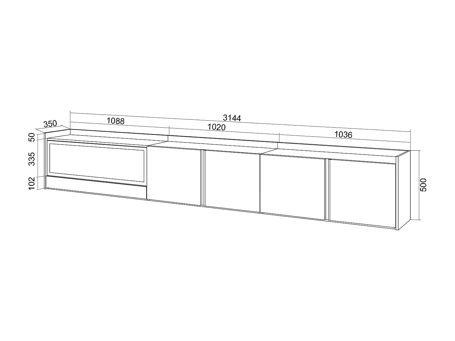 TV-Schrank, Lowboard, 315x50x35 cm, Für TV-Geräte bis zu 80", Elektrokamin XXL, Hängend, LED, Weiß und Eiche Soft