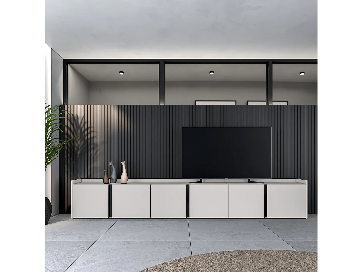 Meuble TV, Banc Télé, 309x50x35 cm, Pour les TV jusqu'à 80", Meubles de salon, Beige