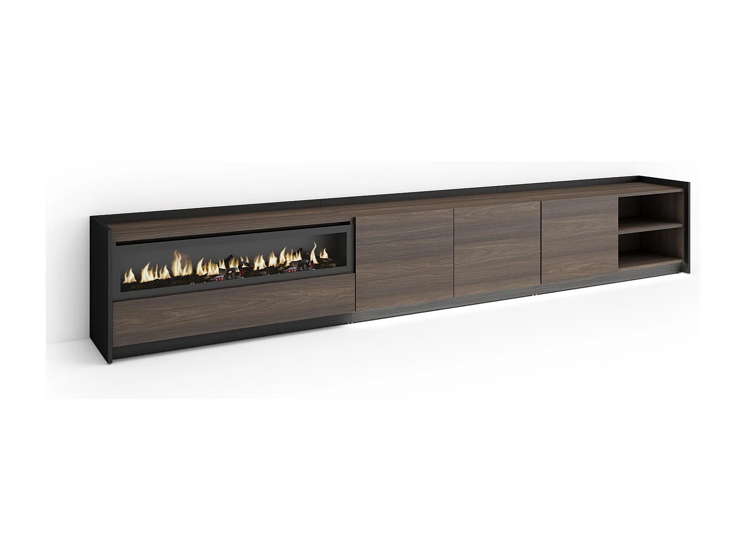 Meuble TV, Banc Télé, 310x50x37 cm, Pour les TV jusqu'à 80", Cheminée électrique, LED, Chêne foncé et Noir