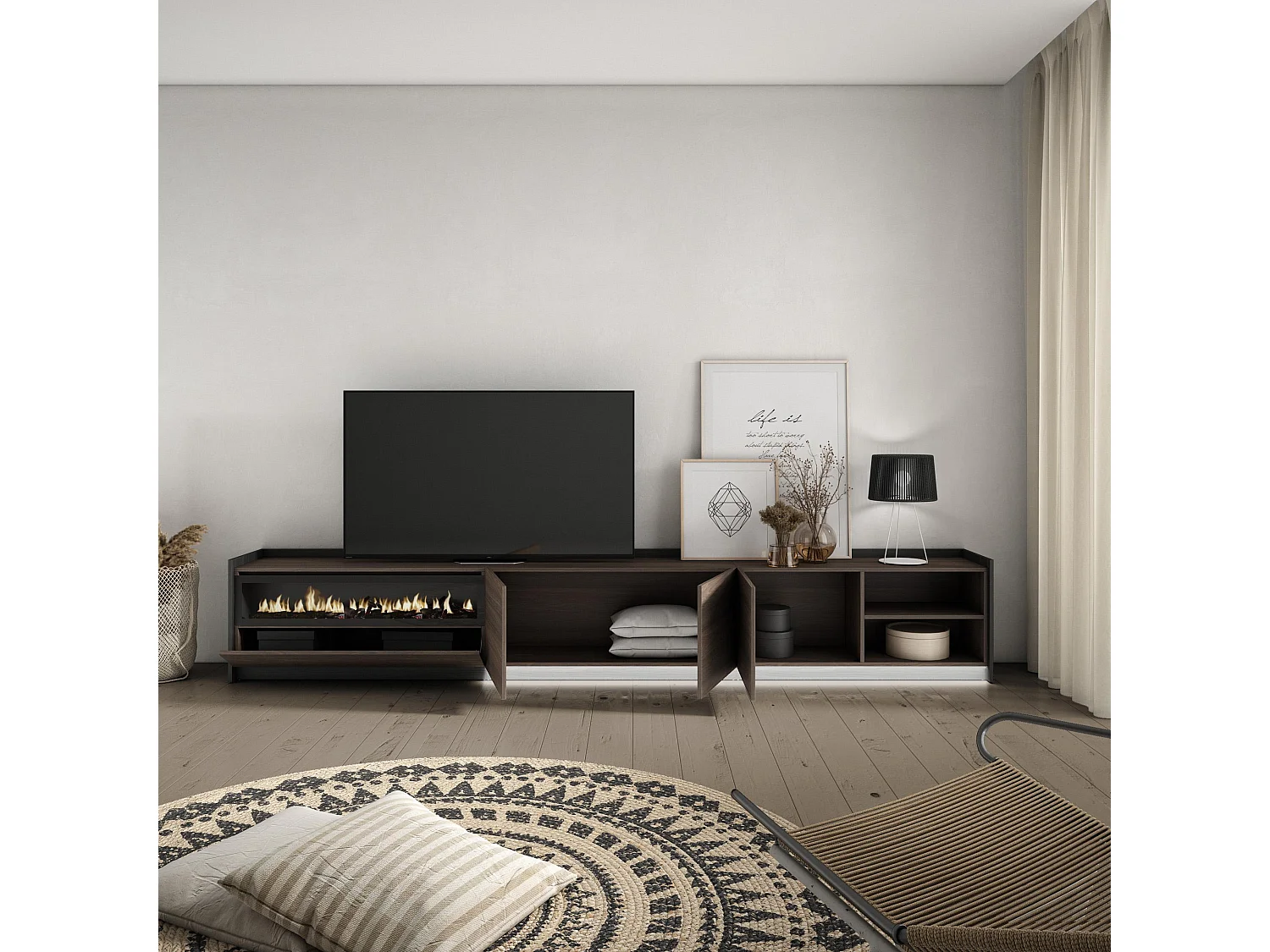 Meuble TV, Banc Télé, 310x50x37 cm, Pour les TV jusqu'à 80", Cheminée électrique, LED, Chêne foncé et Noir
