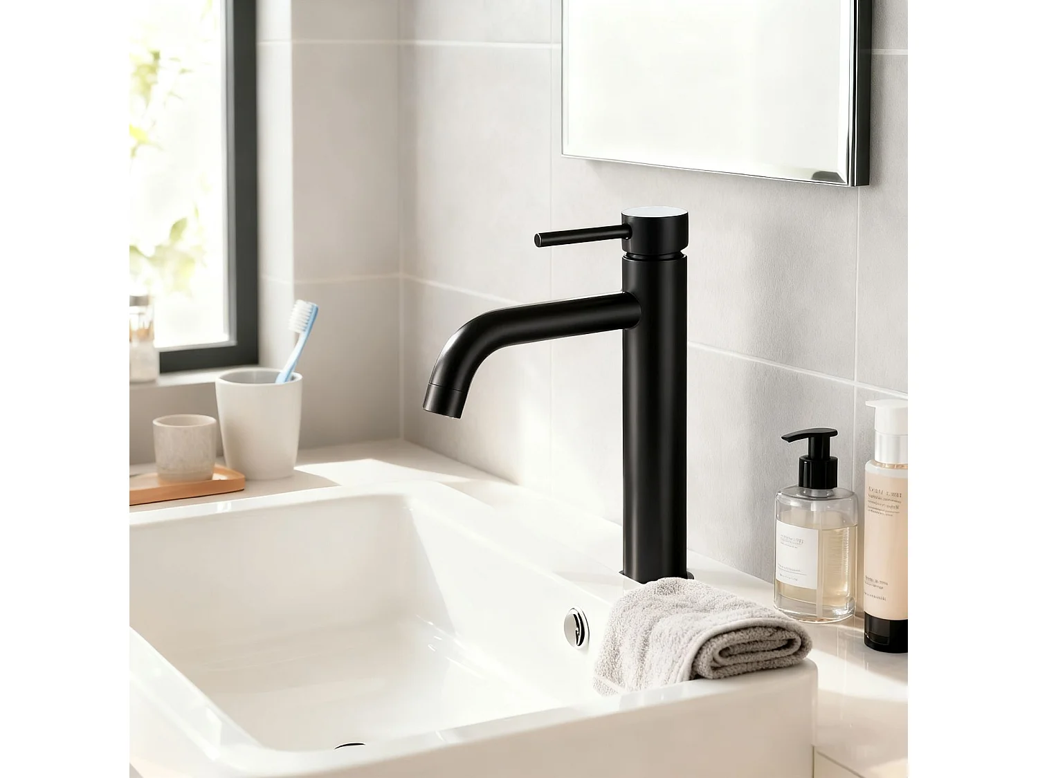 Robinet de Salle de Bain Haut en Acier Inoxydable 304 Robinet Lavabo 195mm de Hauteur Mitigeur Monocommande Finition Noire Mate