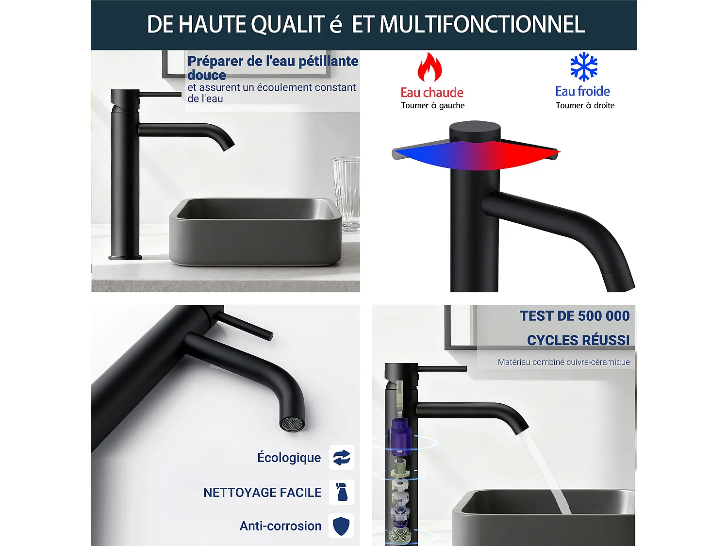 Robinet de Salle de Bain Haut en Acier Inoxydable 304 Robinet Lavabo 195mm de Hauteur Mitigeur Monocommande Finition Noire Mate