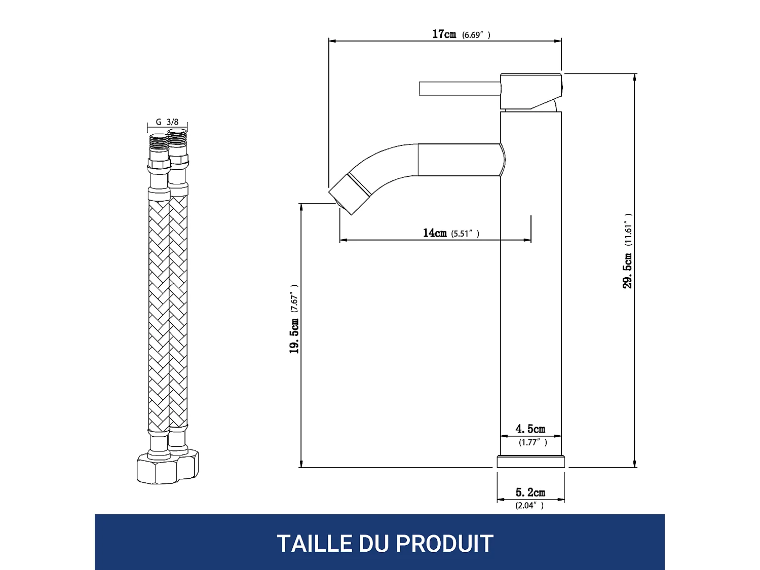 Robinet de Salle de Bain Haut en Acier Inoxydable 304 Robinet Lavabo 195mm de Hauteur Mitigeur Monocommande Finition Noire Mate