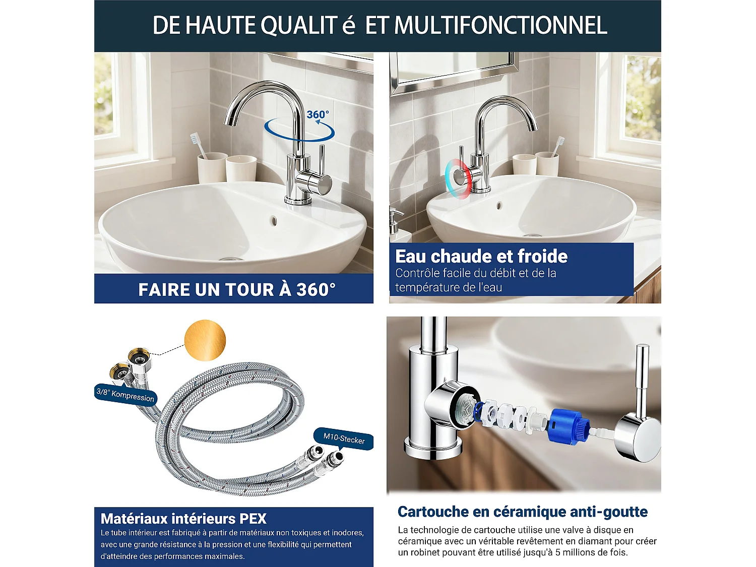 Robinet de Salle de Bain Haut en Acier Inoxydable 304 Robinet Lavabo 158mm de Hauteur, Mitigeur Monocommande Finition Chromée