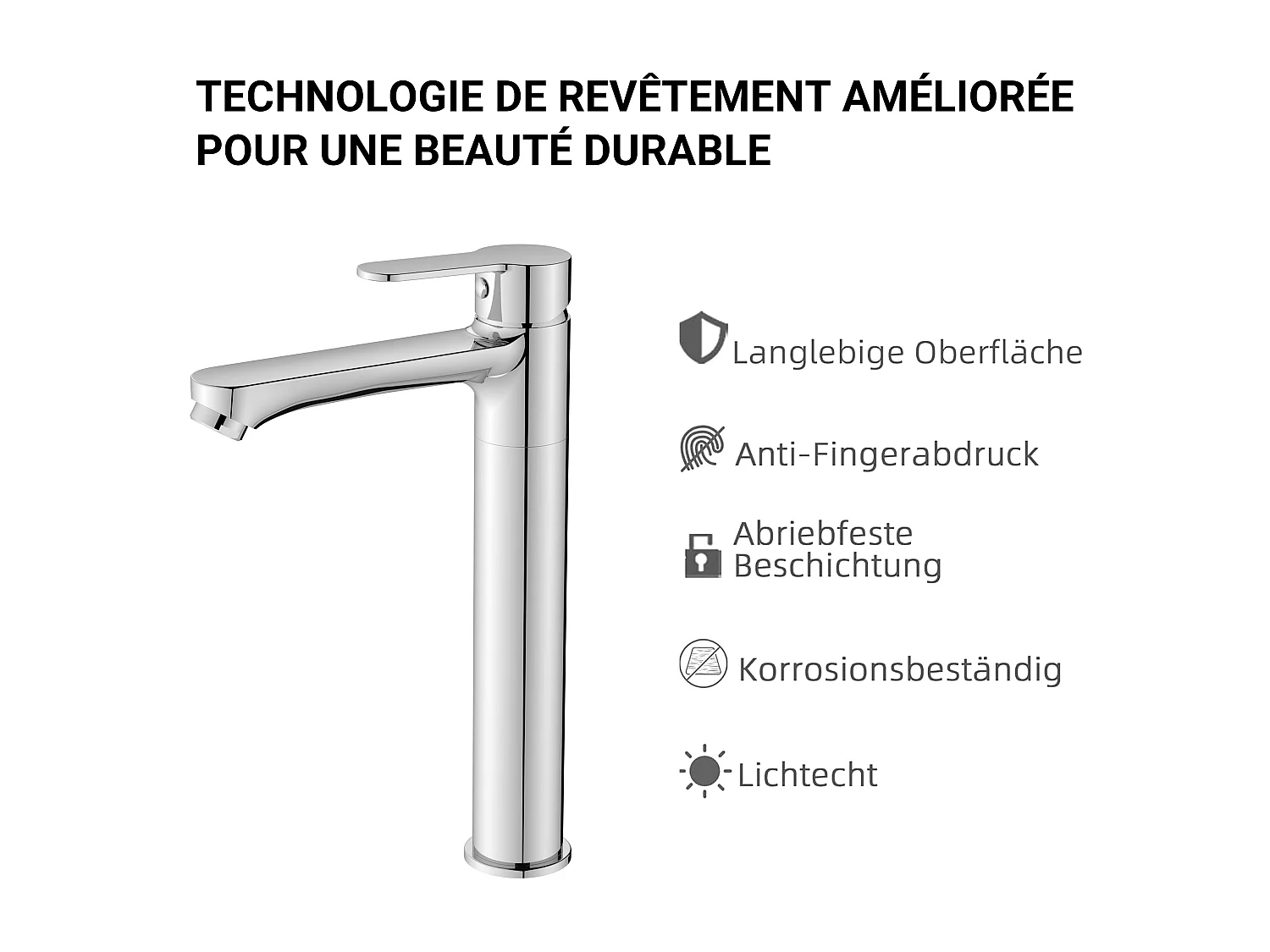 Robinet de lavabo en zinc alliage, mitigeur monocommande avec bec hauteur 232 mm, robinet de salle de bain chromé
