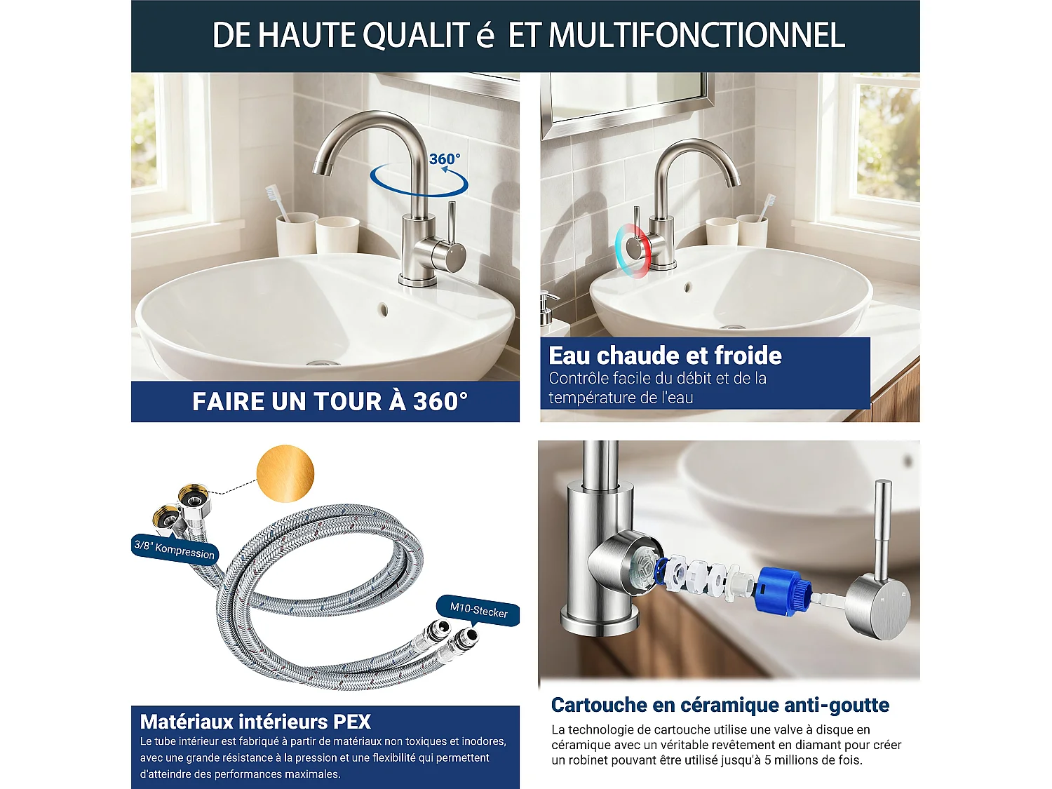 Robinet de Salle de Bain Haut en Acier Inoxydable 304 Robinet Lavabo 158mm de Hauteur, Mitigeur Monocommande Finition Brossée
