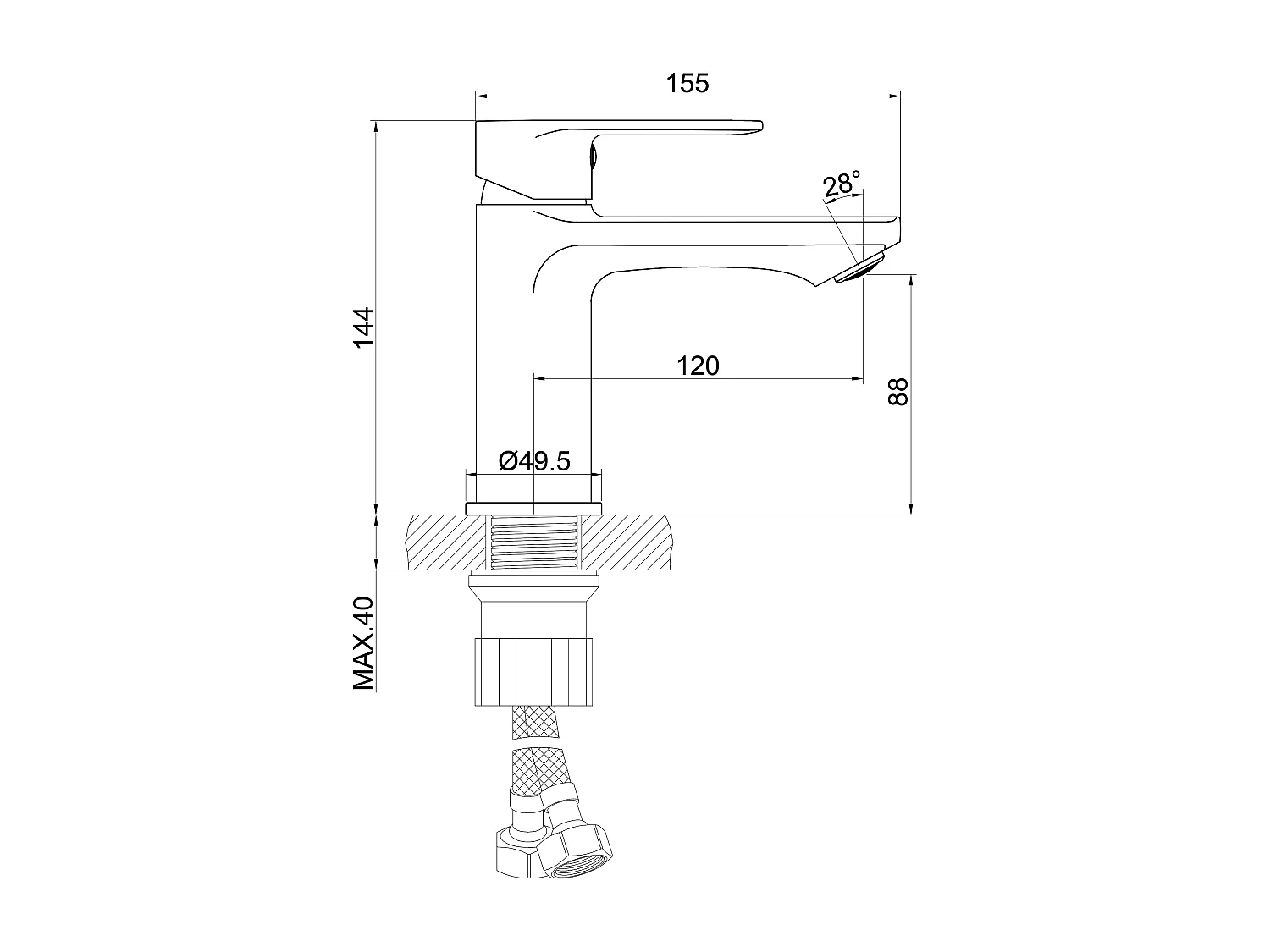 Robinet de lavabo en zinc alliage, mitigeur monocommande avec bec hauteur 88 mm, robinet de salle de bain chromé