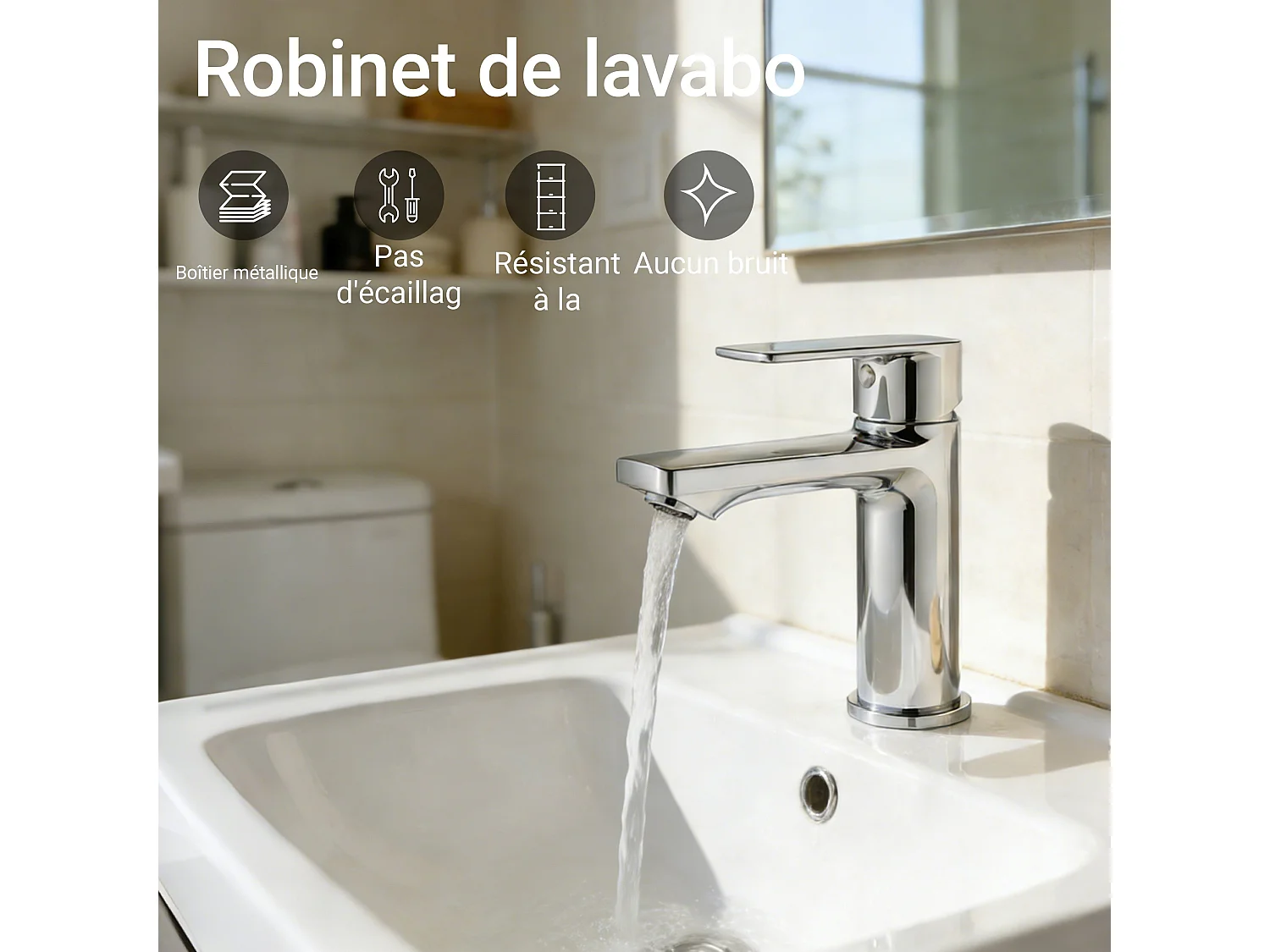 Robinet de lavabo en zinc alliage, mitigeur monocommande avec bec hauteur 88 mm, robinet de salle de bain chromé