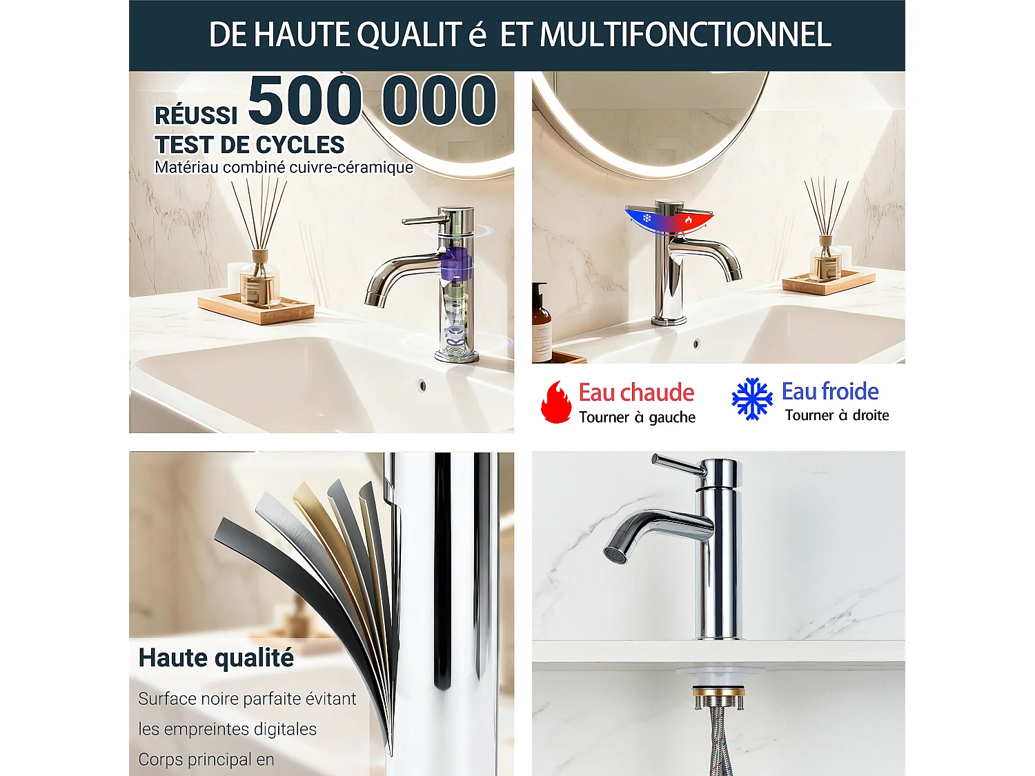 Robinet de Salle de Bain Bas en Acier Inoxydable 304 Robinet Lavabo, Mitigeur Monocommande Finition Chromée