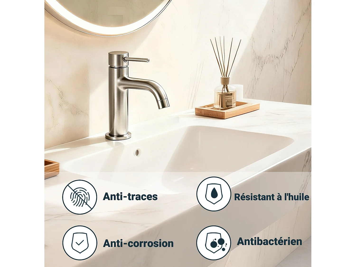 Robinet de Salle de Bain Bas en Acier Inoxydable 304 Robinet Lavabo, Mitigeur Monocommande Finition Brossée