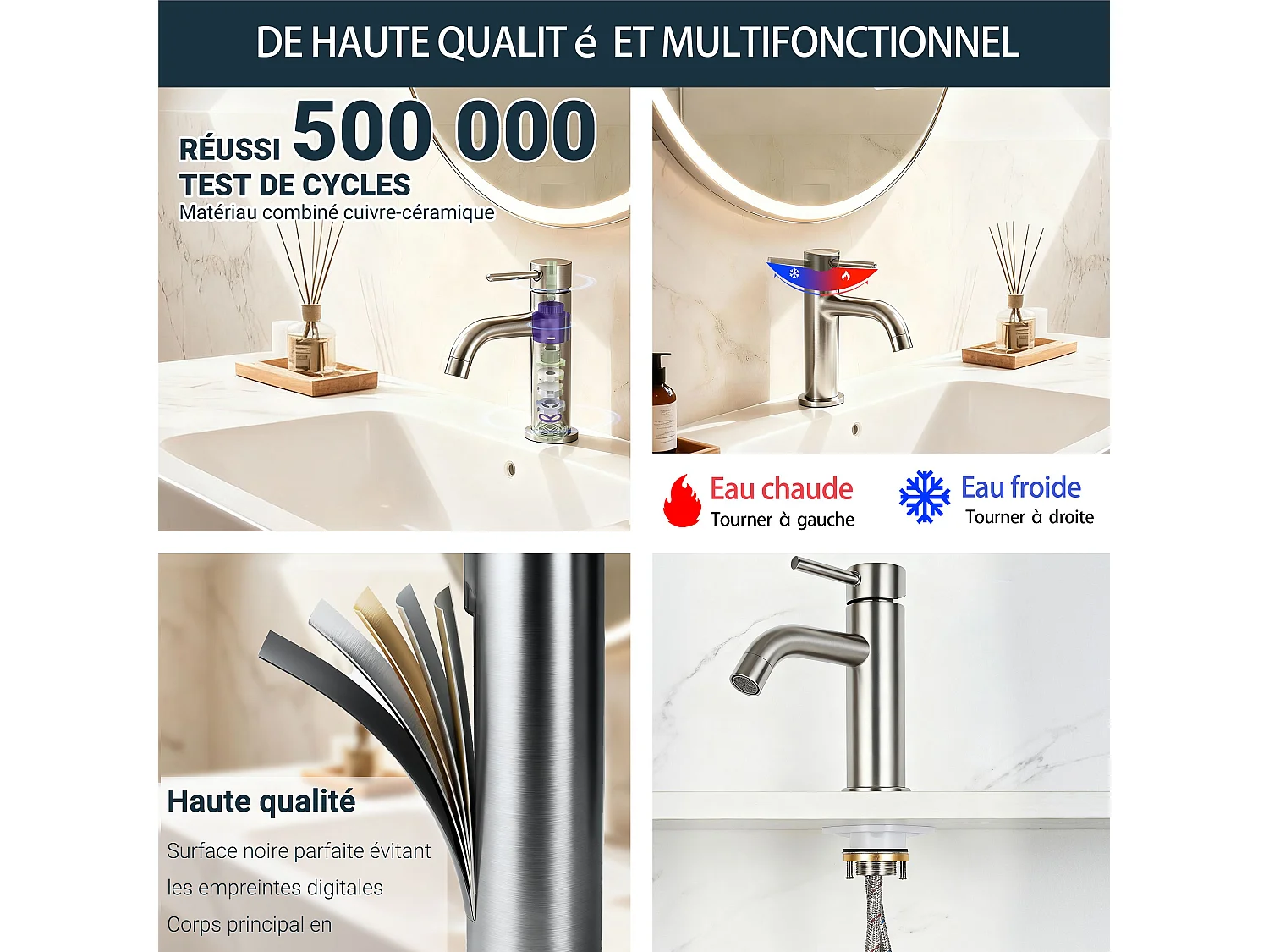 Robinet de Salle de Bain Bas en Acier Inoxydable 304 Robinet Lavabo, Mitigeur Monocommande Finition Brossée