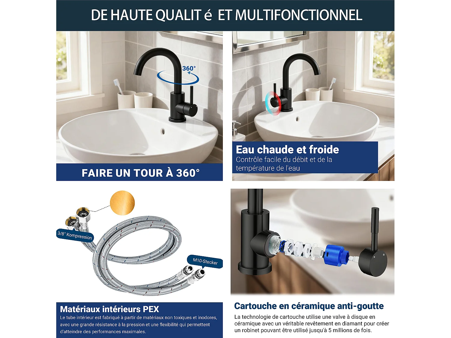 Robinet de Salle de Bain Haut en Acier Inoxydable 304 Robinet Lavabo 158mm de Hauteur, Mitigeur Monocommande Finition Noire Mate