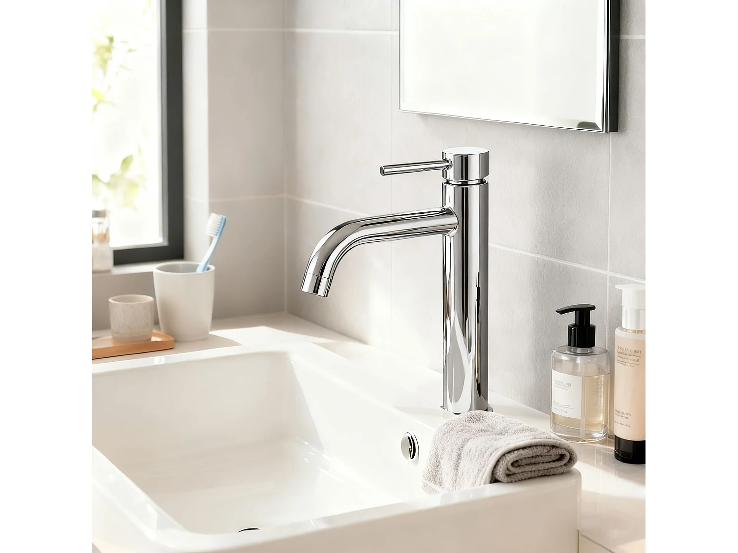 Robinet de Salle de Bain Haut en Acier Inoxydable 304 Robinet Lavabo 195mm de Hauteur Mitigeur Monocommande Finition Chromée