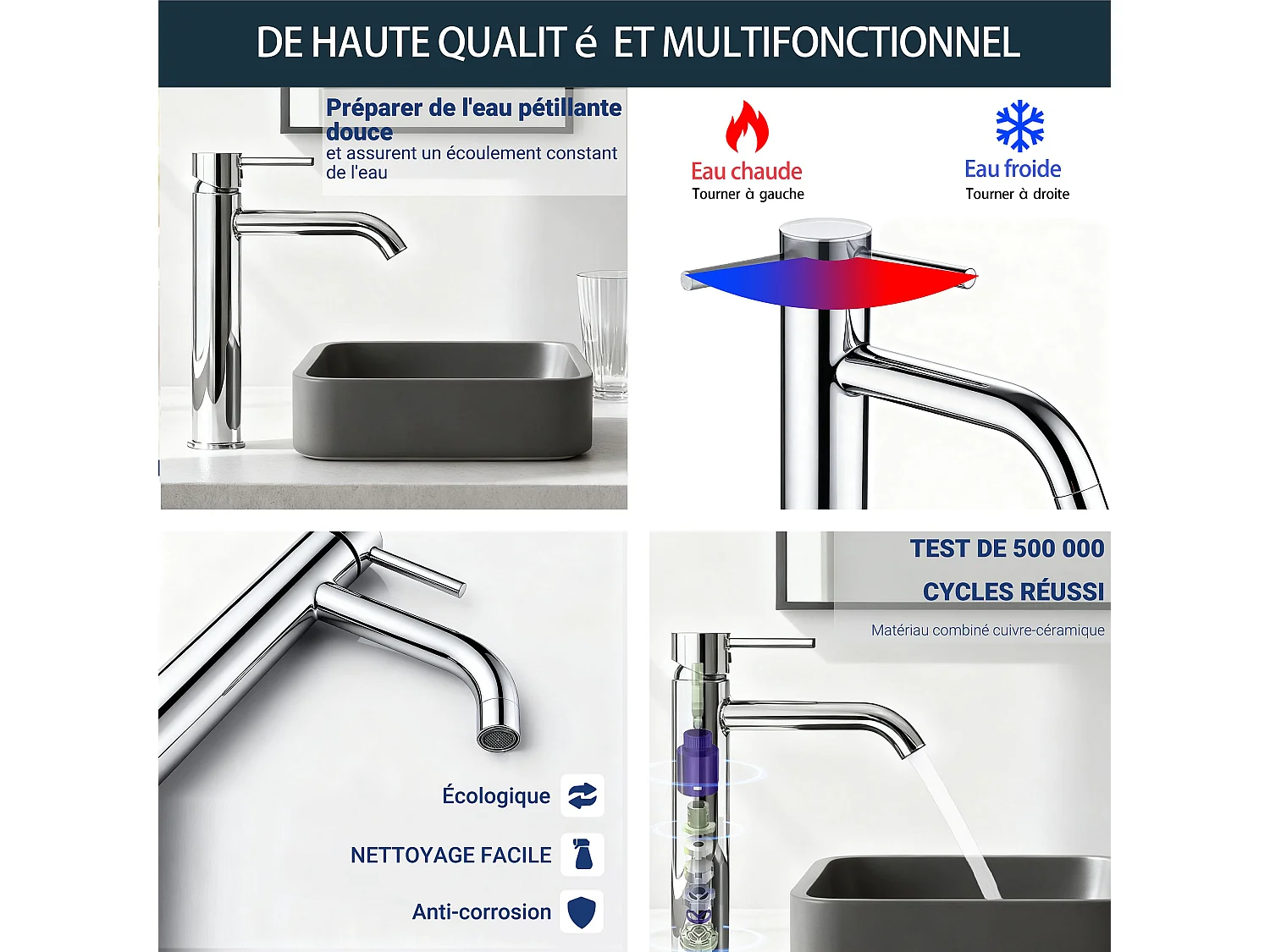 Robinet de Salle de Bain Haut en Acier Inoxydable 304 Robinet Lavabo 195mm de Hauteur Mitigeur Monocommande Finition Chromée