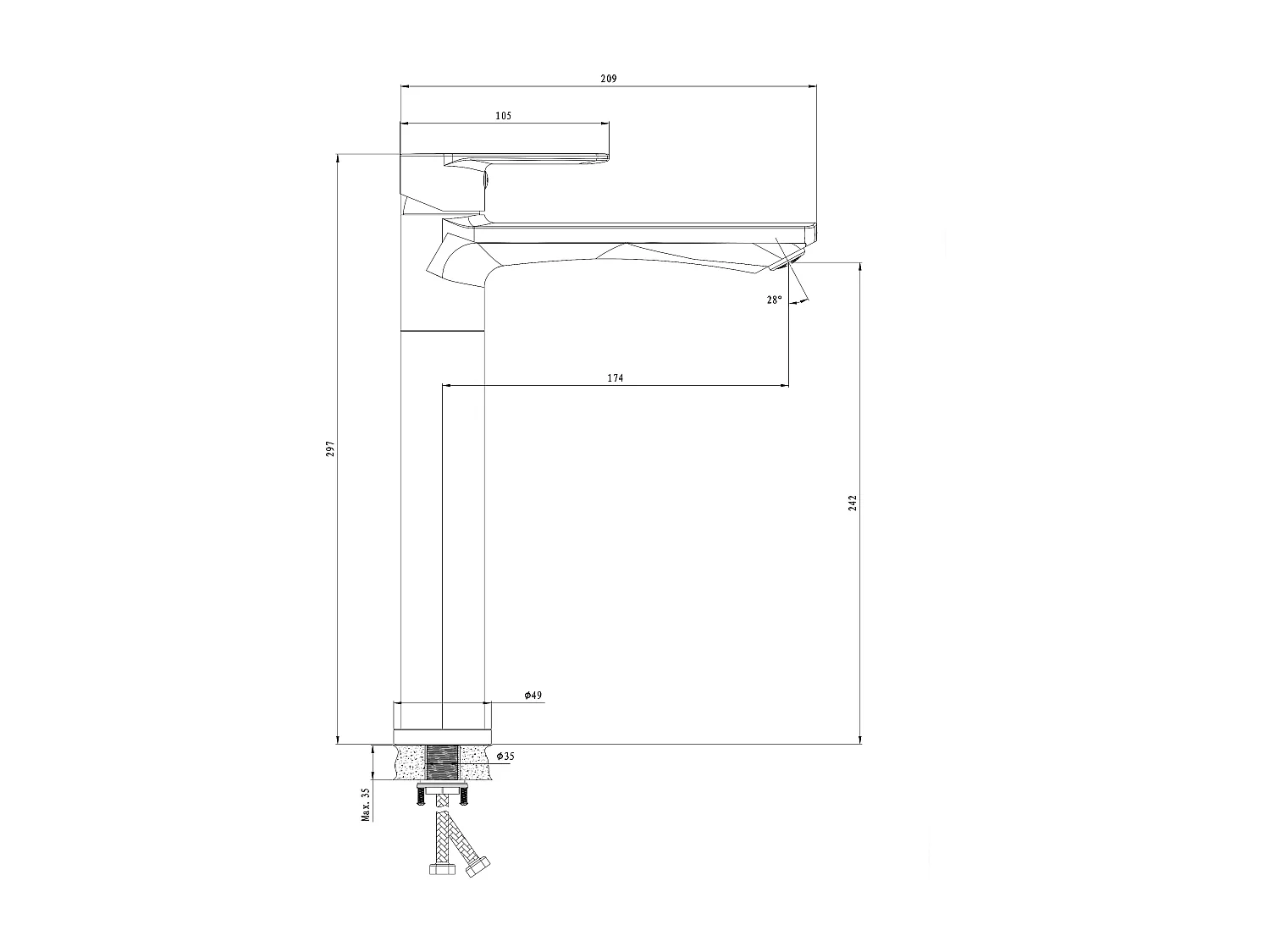 Robinet de lavabo en zinc alliage, mitigeur monocommande avec bec hauteur 242 mm, robinet de salle de bain chromé