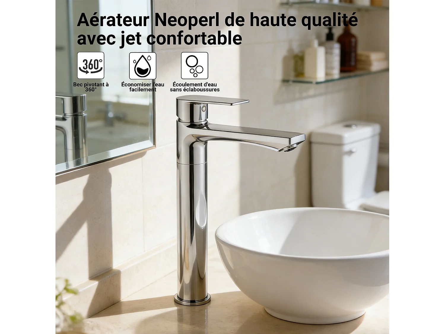 Robinet de lavabo en zinc alliage, mitigeur monocommande avec bec hauteur 242 mm, robinet de salle de bain chromé