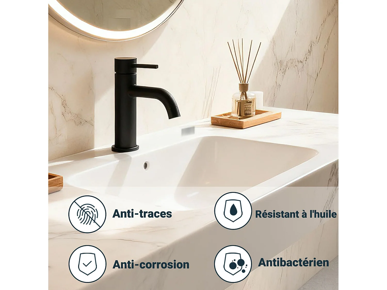 Robinet de Salle de Bain Bas en Acier Inoxydable 304 Robinet Lavabo, Mitigeur Monocommande Finition Noire Mate