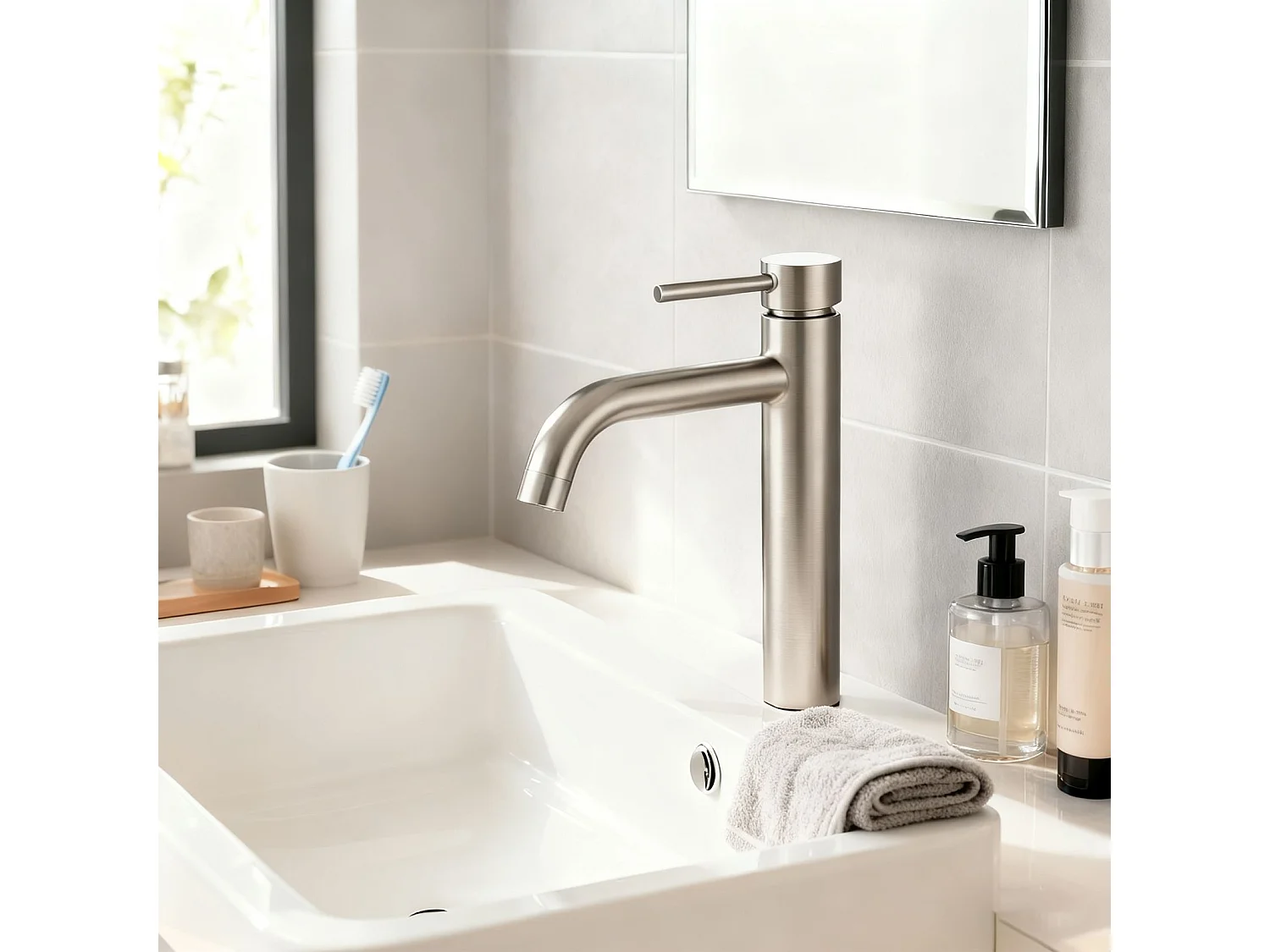 Robinet de Salle de Bain Haut en Acier Inoxydable 304 Robinet Lavabo 195mm de Hauteur Mitigeur Monocommande Finition Brossée