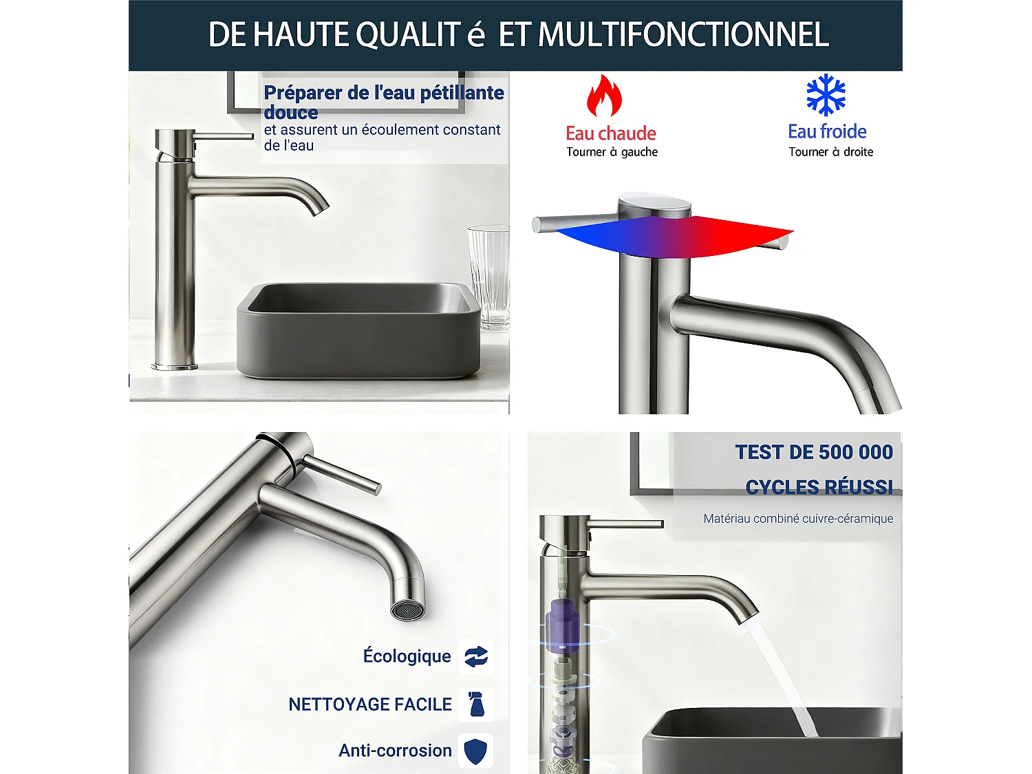 Robinet de Salle de Bain Haut en Acier Inoxydable 304 Robinet Lavabo 195mm de Hauteur Mitigeur Monocommande Finition Brossée