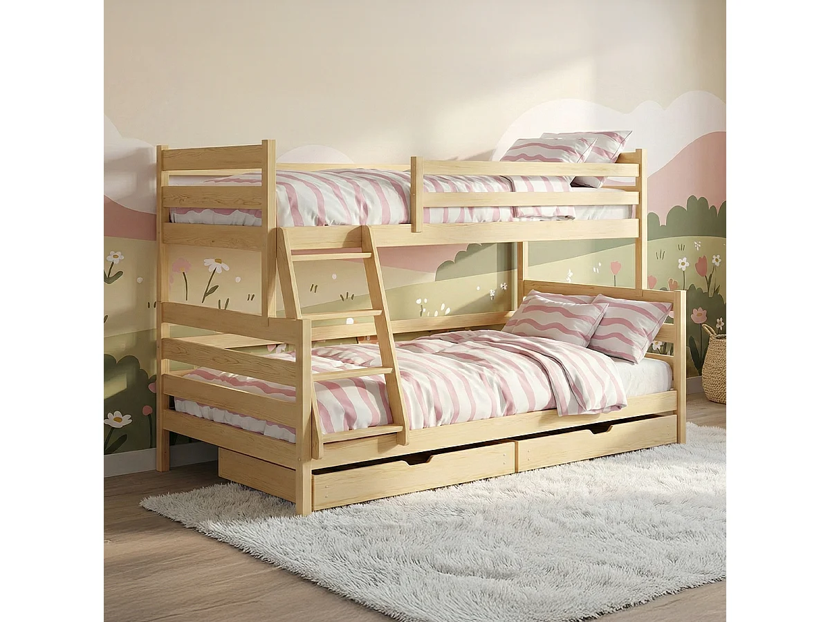 Lit superposé 90-120x200 sommiers et tiroirs inclus Léo Bois