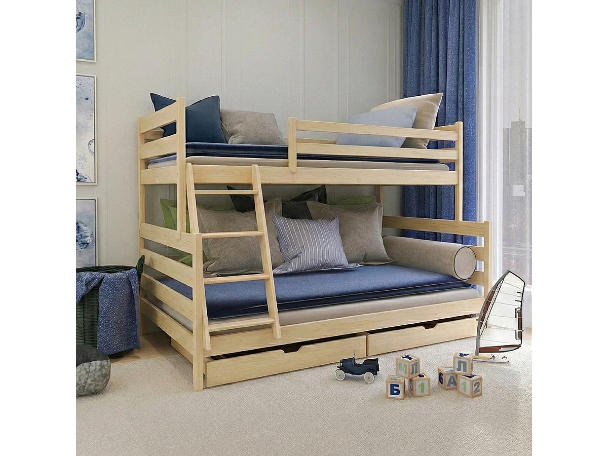 Lit superposé 90-120x200 sommiers et tiroirs inclus Léo Bois