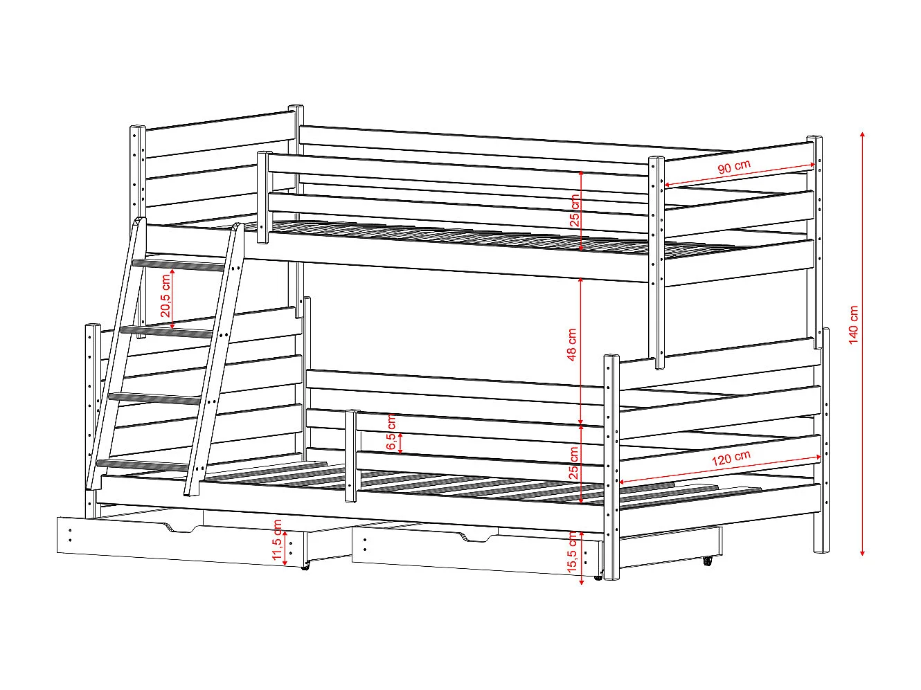 Lit superposé 90-120x200 sommiers et tiroirs inclus Léo Bois