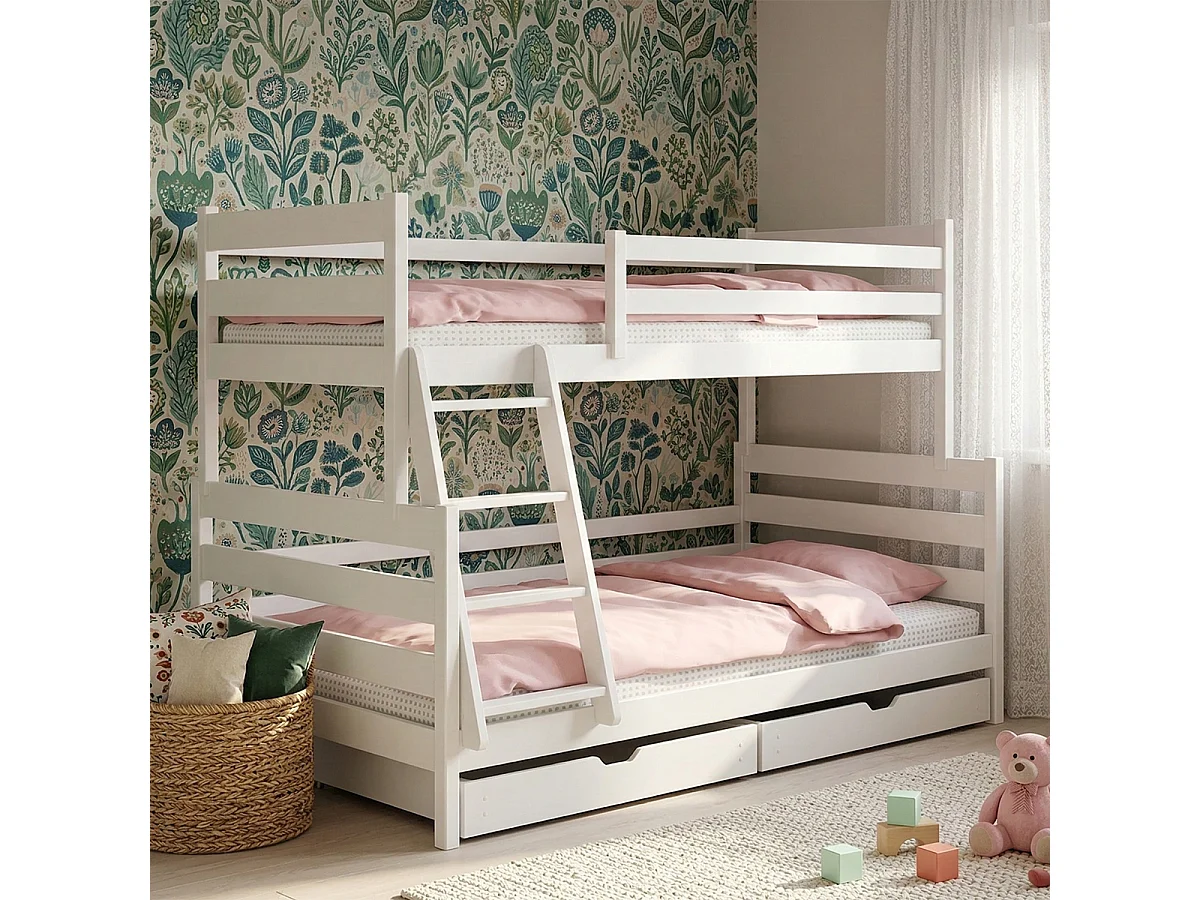 Lit superposé 90-120x200 sommiers et tiroirs inclus Léo Blanc