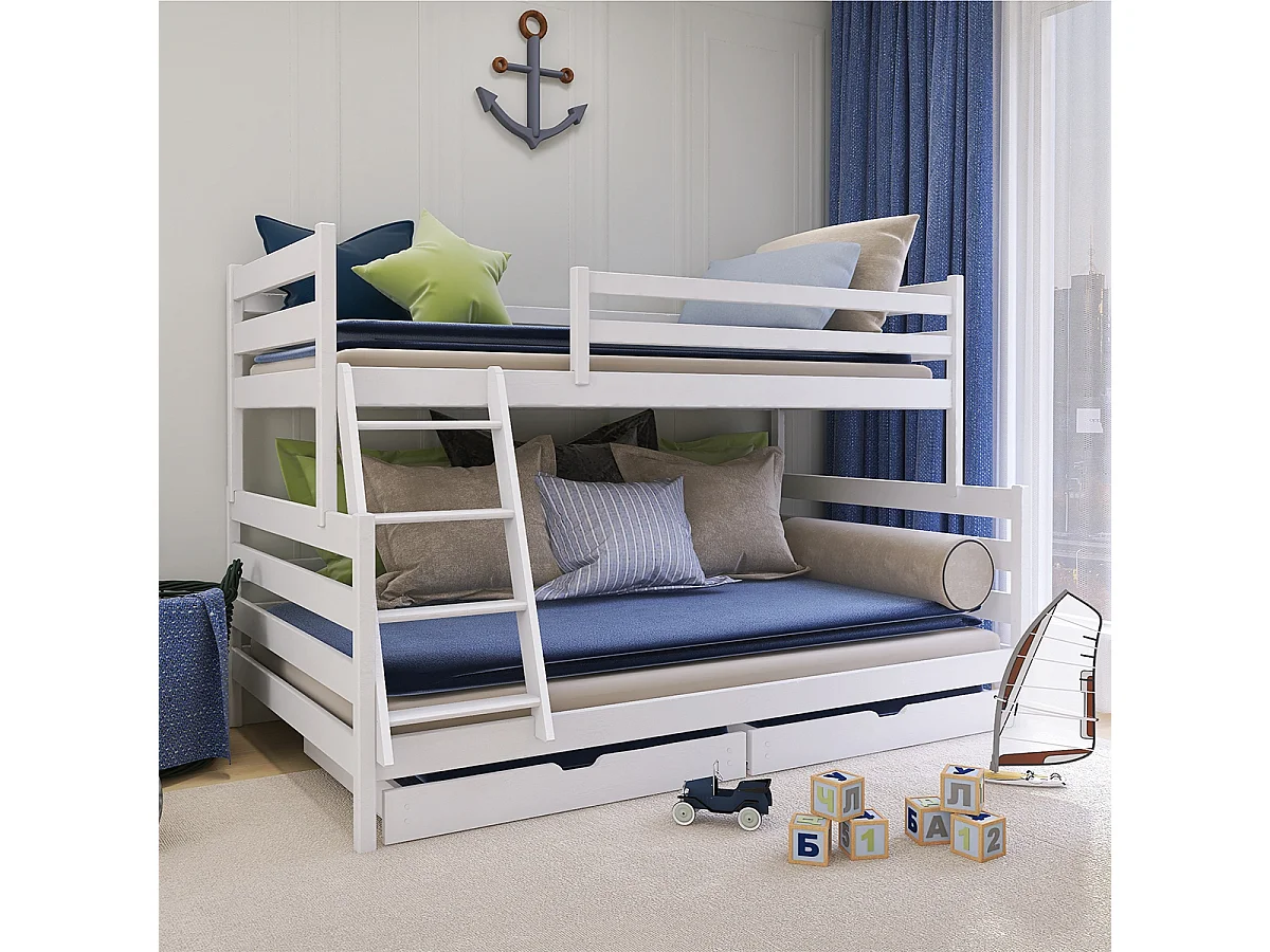 Lit superposé 90-120x200 sommiers et tiroirs inclus Léo Blanc