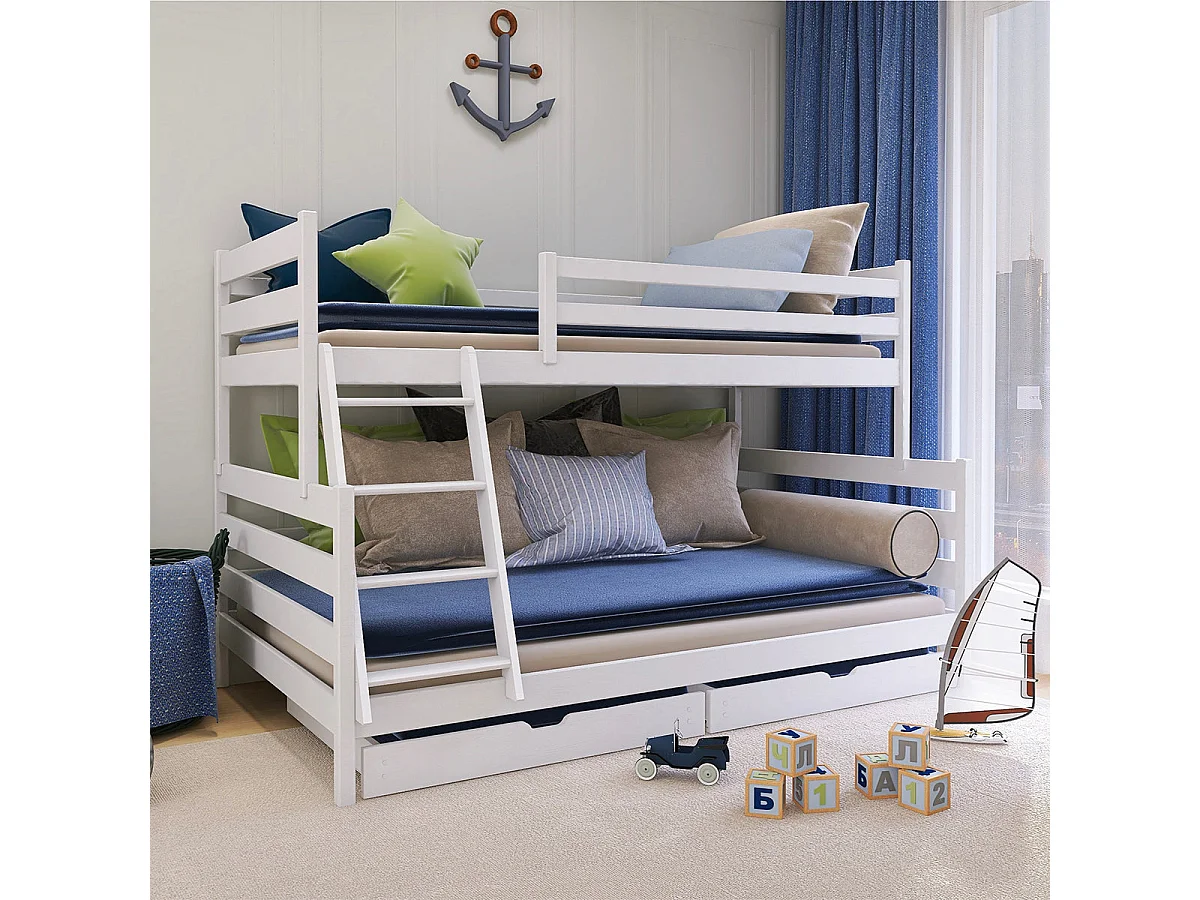 Lit superposé 90-120x200 sommiers et tiroirs inclus Léo Blanc