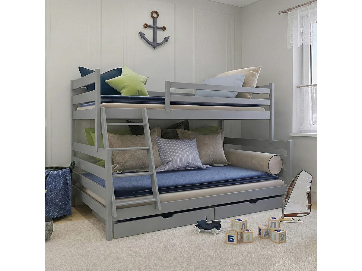 Lit superposé 90-120x200 sommiers et tiroirs inclus Léo Gris