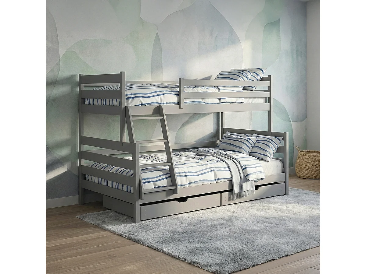 Lit superposé 90-120x200 sommiers et tiroirs inclus Léo Gris