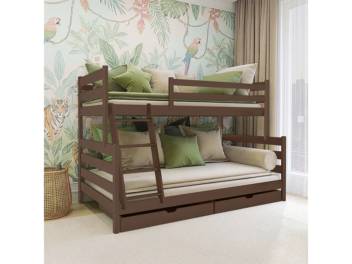 Lit superposé 90-120x200 sommiers et tiroirs inclus Léo Marron foncé