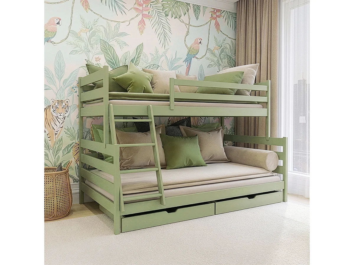 Lit superposé 90-120x200 sommiers et tiroirs inclus Léo Olive