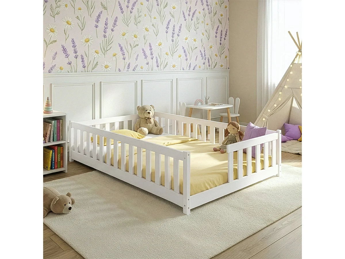 Lit au sol 140x200 sommier inclus Théa Blanc