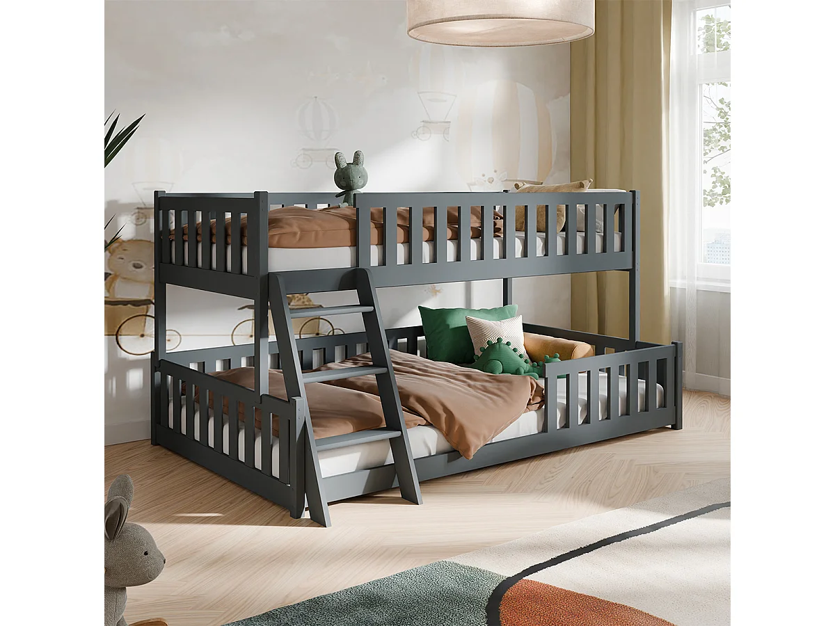 Lit superposé 90-120x200 au sol sommiers inclus Léane Anthracite