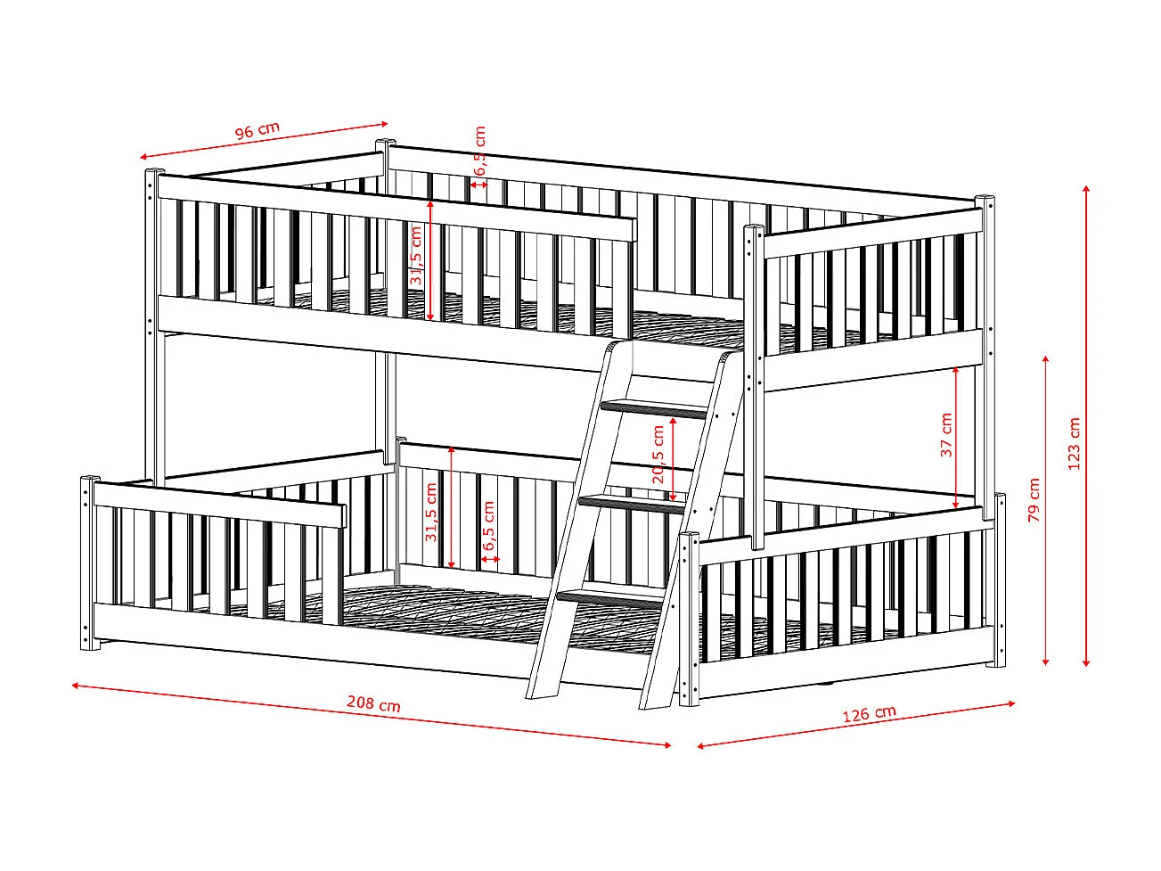 Lit superposé 90-120x200 au sol sommiers inclus Léane Anthracite