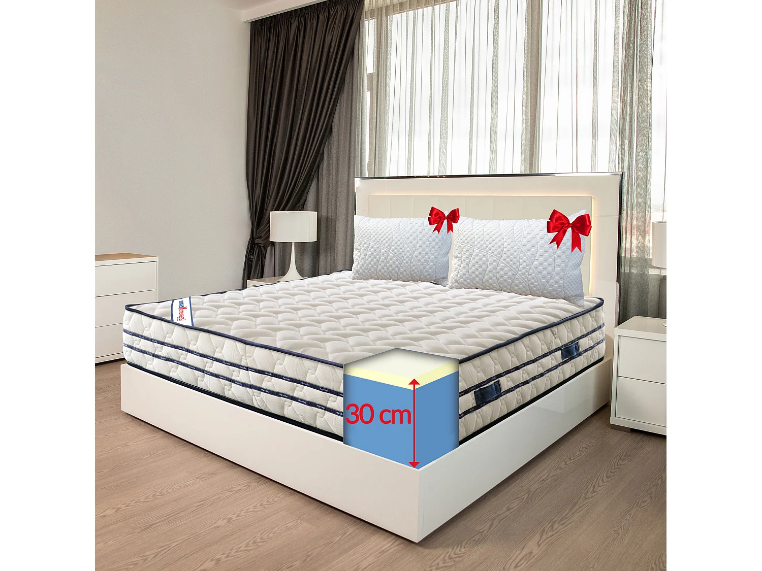 MEMO30 orthopedisch memory matras, medisch hulpmiddel + kussens, H30 cm, geschikt voor zware personen, anti-allergisch, past op elk bedbodem, 160x190 (Tweepersoons)