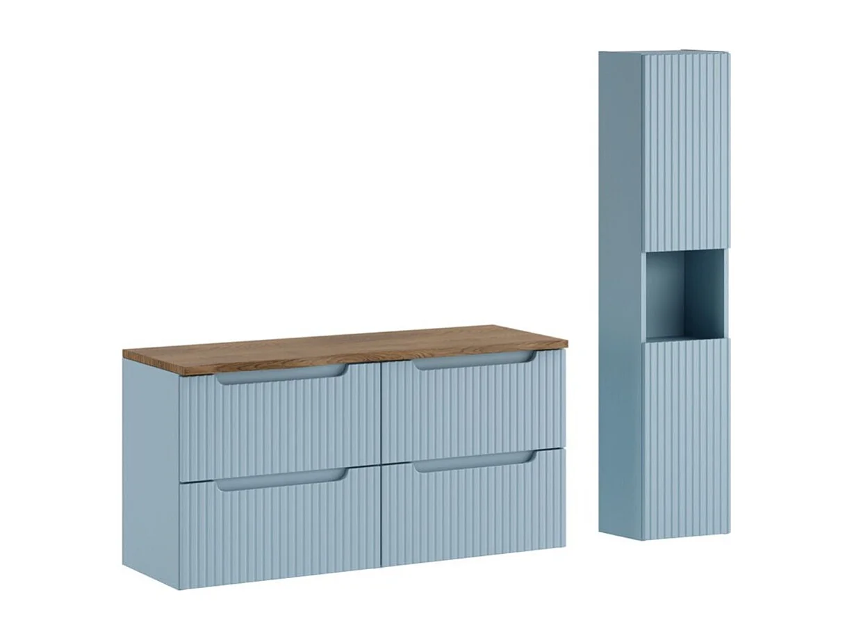 Ensemble de salle de bain suspendu VANO bleu denim et chêne 150cm : meubles sous vasque à tiroirs + plan pour vasque + colonne