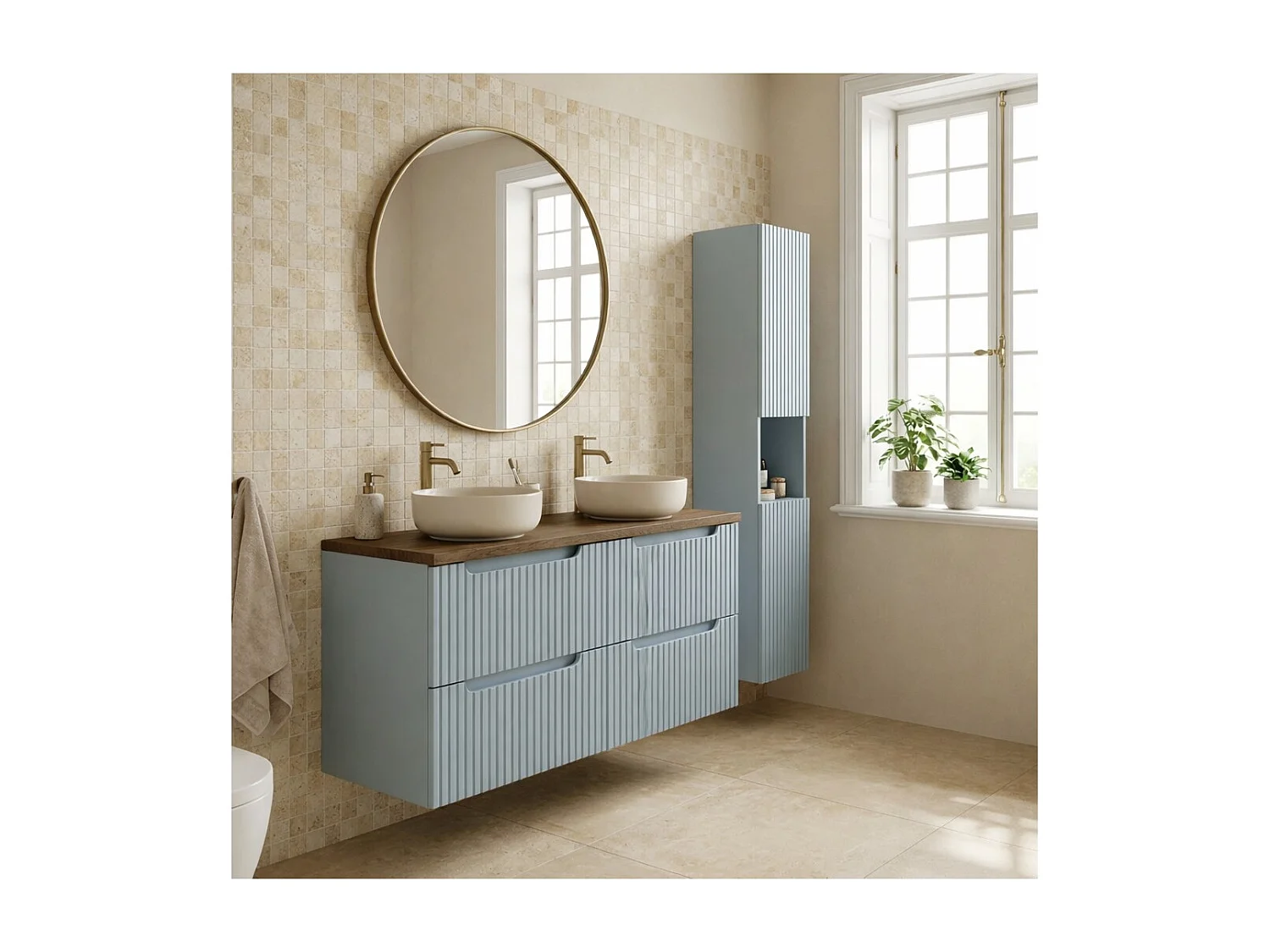 Ensemble de salle de bain suspendu VANO bleu denim et chêne 150cm : meubles sous vasque à tiroirs + plan pour vasque + colonne