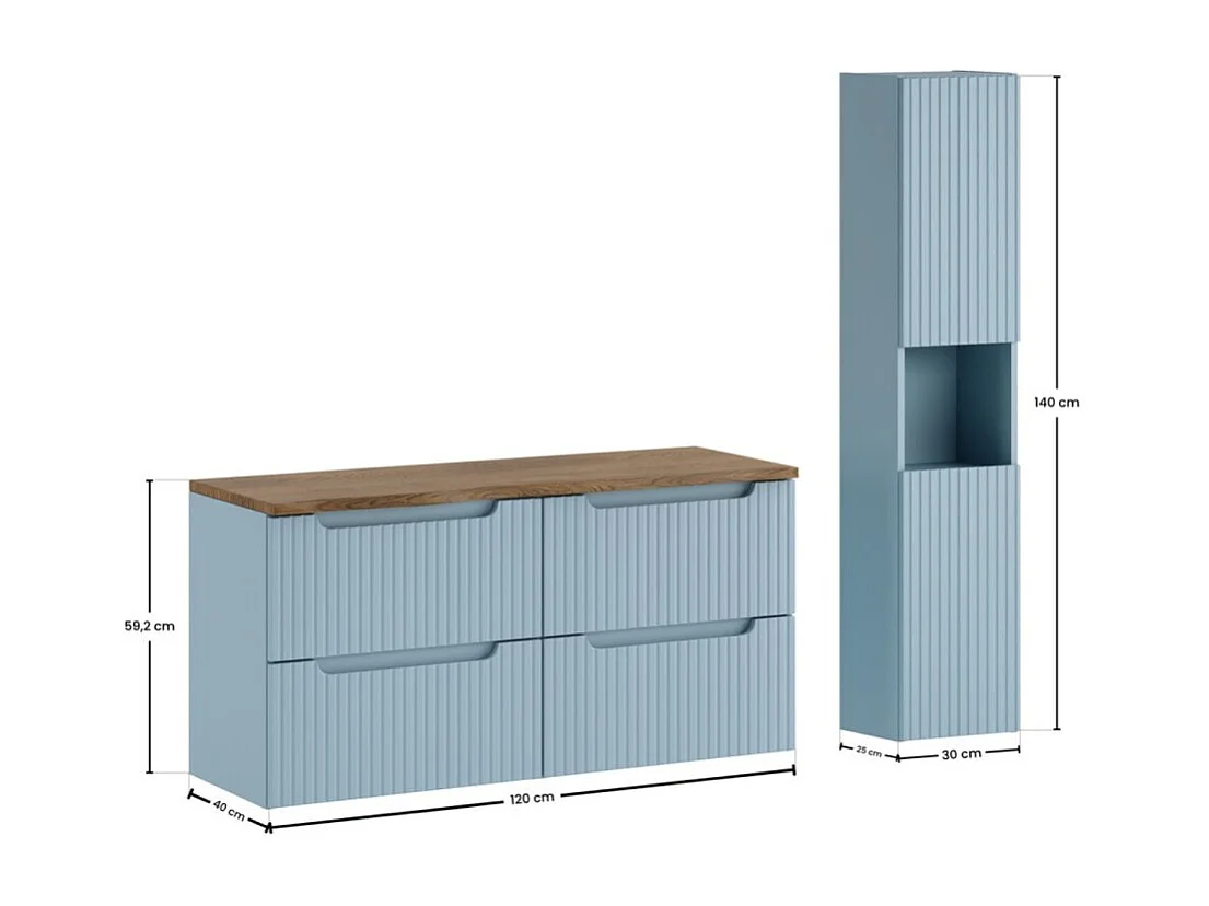Ensemble de salle de bain suspendu VANO bleu denim et chêne 150cm : meubles sous vasque à tiroirs + plan pour vasque + colonne