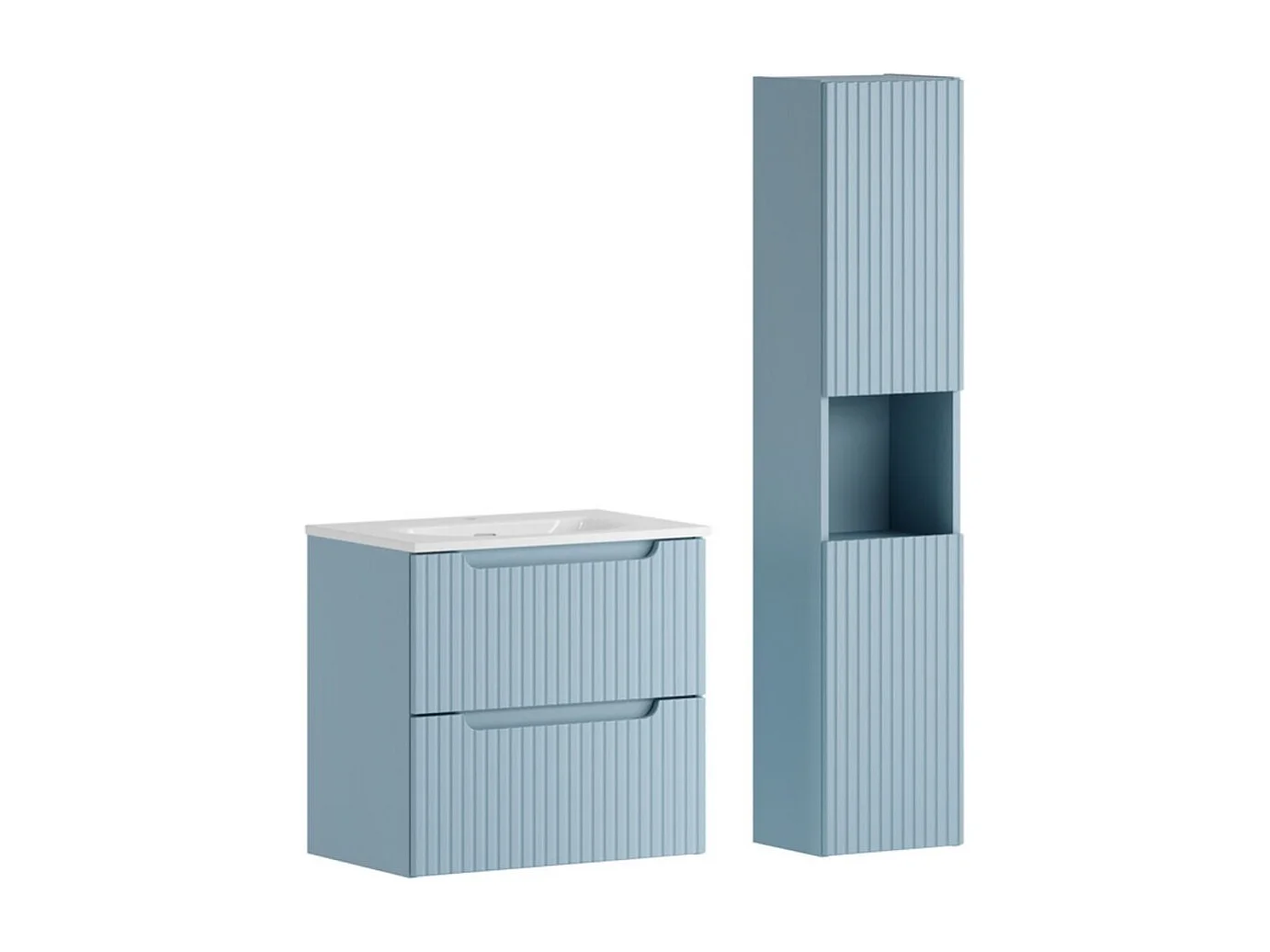 Ensemble de salle de bain suspendu VANO bleu denim 90cm : meuble sous vasque à tiroirs + vasque à encastrer blanche + colonne
