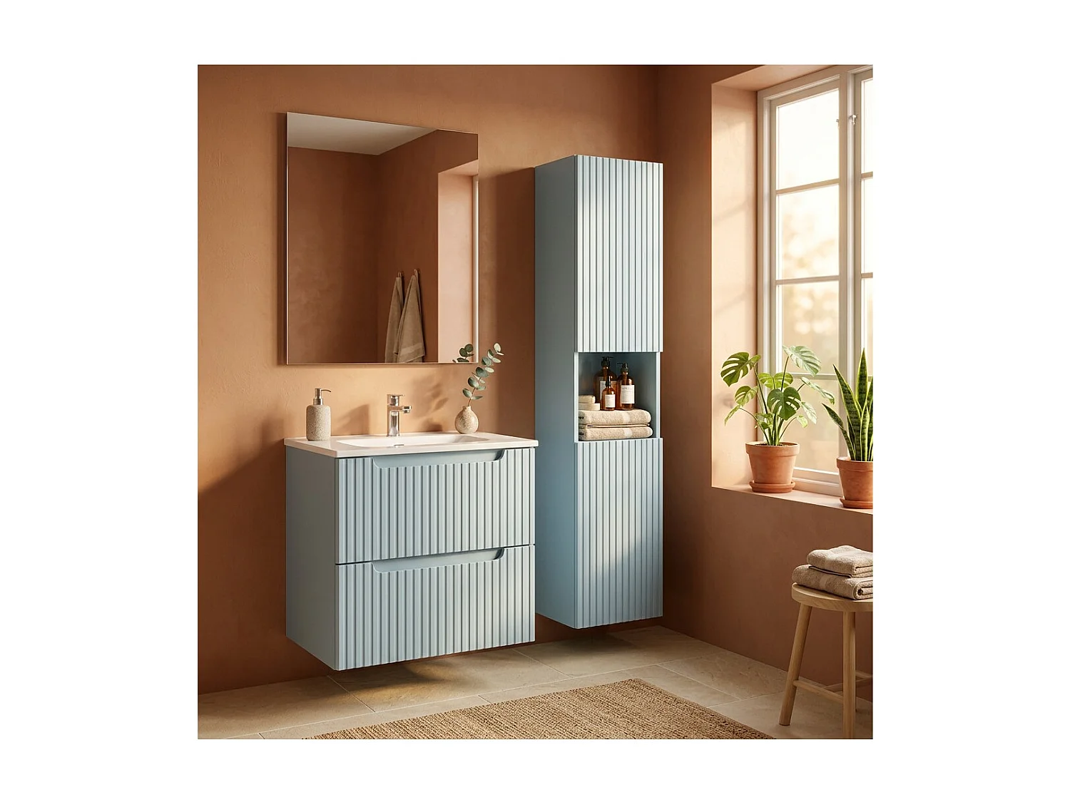 Ensemble de salle de bain suspendu VANO bleu denim 90cm : meuble sous vasque à tiroirs + vasque à encastrer blanche + colonne