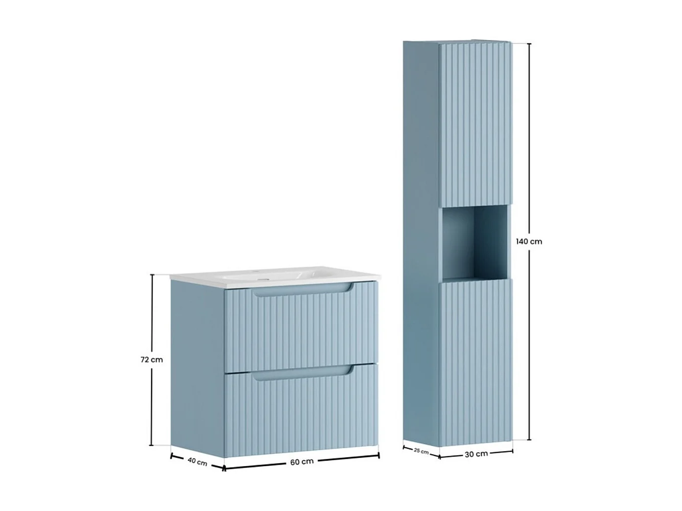 Ensemble de salle de bain suspendu VANO bleu denim 90cm : meuble sous vasque à tiroirs + vasque à encastrer blanche + colonne