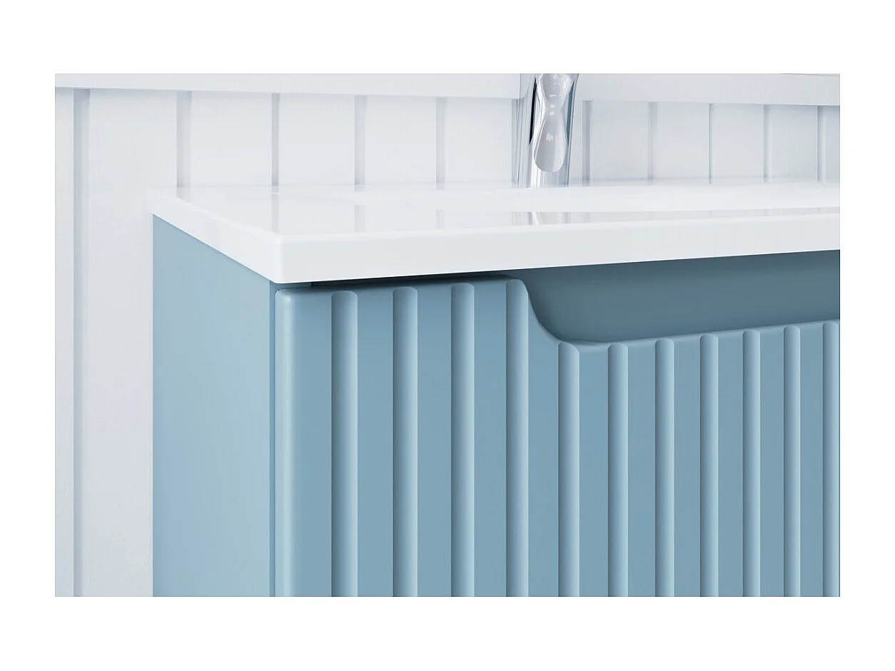 Ensemble de salle de bain suspendu VANO bleu denim 90cm : meuble sous vasque à tiroirs + vasque à encastrer blanche + colonne