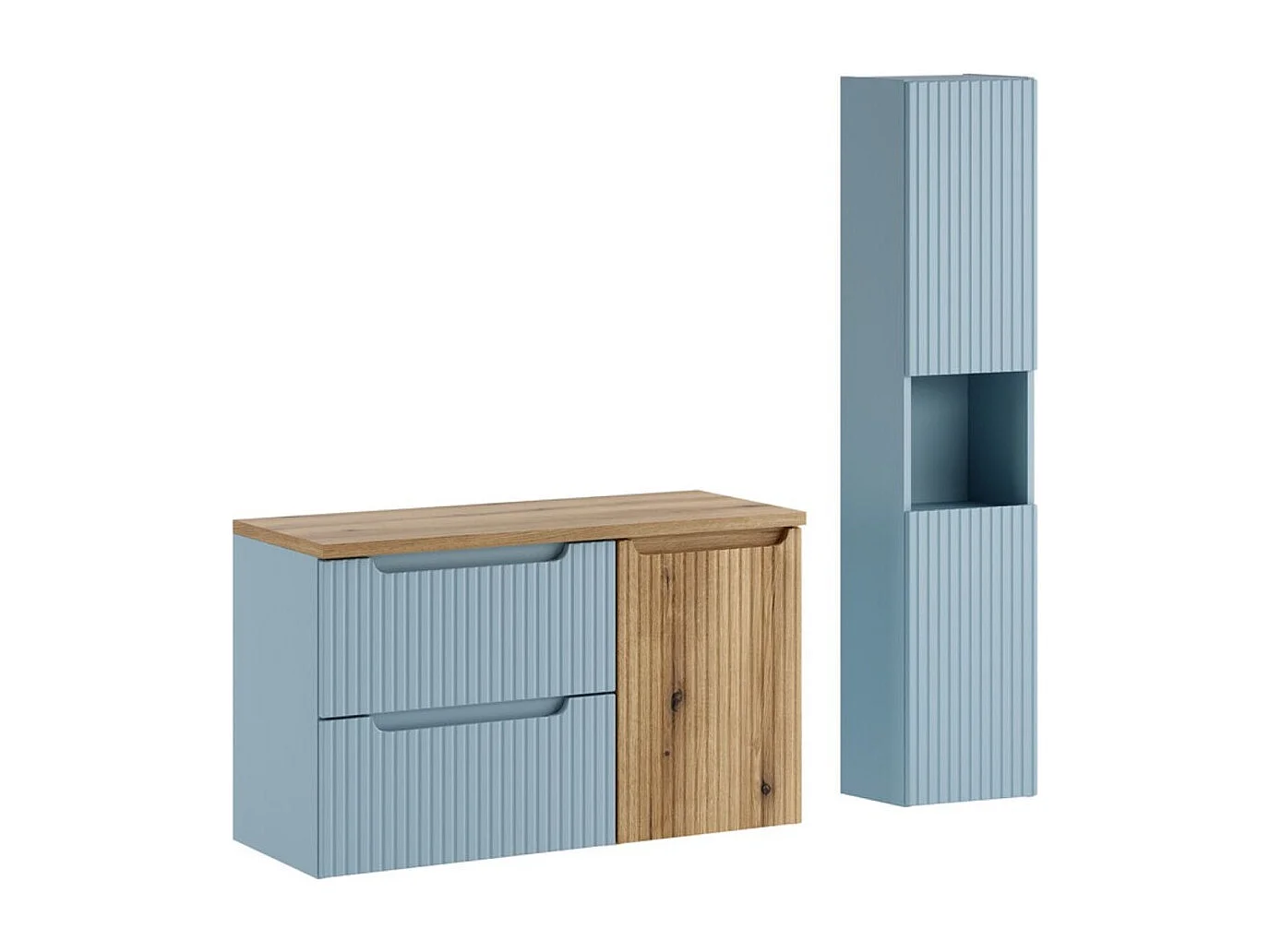Ensemble VANO bleu denim et chêne clair 130cm : meubles sous vasque à tiroirs et panier à linge + plan pour vasque + colonne
