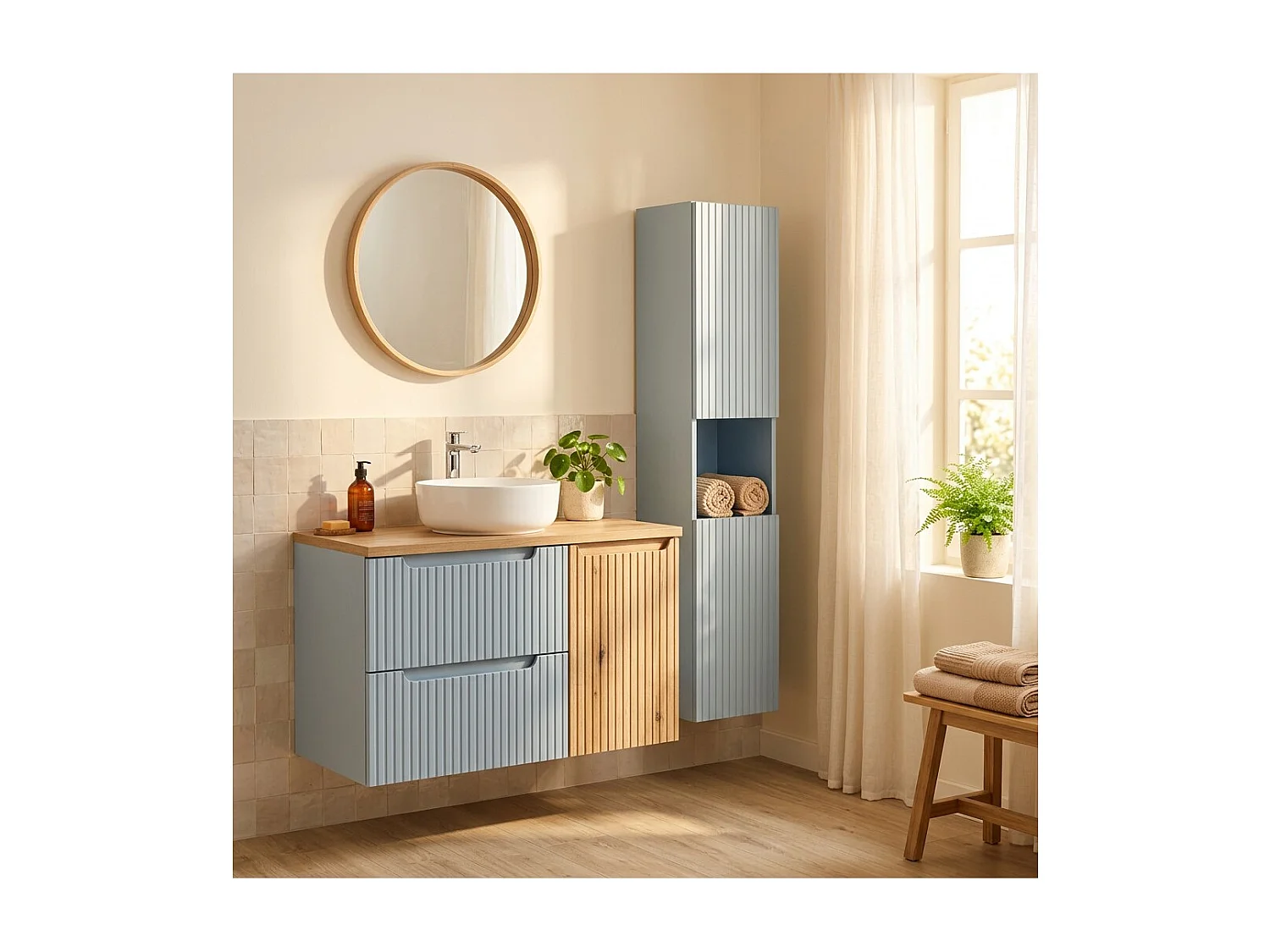 Ensemble VANO bleu denim et chêne clair 130cm : meubles sous vasque à tiroirs et panier à linge + plan pour vasque + colonne