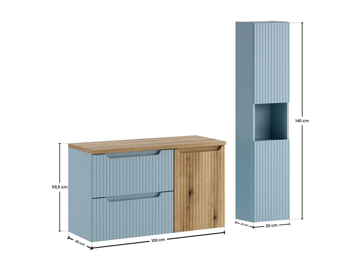 Ensemble VANO bleu denim et chêne clair 130cm : meubles sous vasque à tiroirs et panier à linge + plan pour vasque + colonne